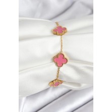 Uravas Store 316L Çelik Gold Zincir Pembe Yonca Renk Bileklik