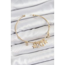 Uravas Store Pirinç Zirkon Taşlı Kelebek ve Yıldız Model Gold Renk Charm Bileklik