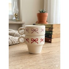 Palto Tasarım Kırmızı Pembe Kurdele Tasarımlı 2'li Espresso Bardak Seti - Hediye Seramik Fincan