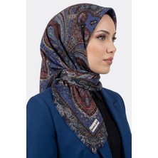 Hadiora Kadın Bordo Mavi Etnik Desenli Flamlı Eşarp