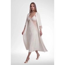 Mecit Pijama Mecit 6380 Ekru Kadın Viskon Kumaş Gecelik Sabahlık Takımı