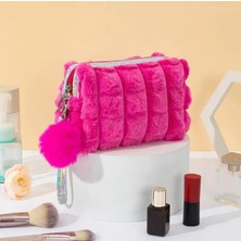 My Balli Store Pembe Peluş Makyaj Çantası, Holografik Detaylı, Ponponlu, Fermuarlı