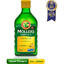 Möller's Omega 3 Limonlu 250 ml; saf morina balığı yağı, DHA, EPA, A D E vitamini. Çocuklar ve yetişkinler için doğal omega-3 takviyesi.