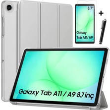 M.TK Moveteck Samsung Galaxy Tab A11 / A9 8.7 Inç Tablet Kılıfı Akıllı Smart Uyku Modlu Katlanabilir Arkası Şeffaf Standlı Kılıf + Cam + Kalem 3'lü Set