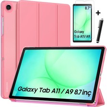 M.TK Moveteck Samsung Galaxy Tab A11/A9 8.7 Inç Tablet Kılıfı Akıllı Smart Uyku Modlu Katlanabilir Arkası Şeffaf Standlı Kılıf + Cam + Kalem 3'lü Set
