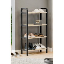 Three 4 Katlı Ahşap Ayakkabılık 50 cm Ahşap Çubuklu 4 Bölmeli Eko Raf Ünitesi Düzenleyici