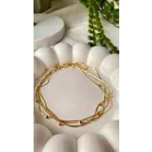 Jewelry Üçlü Renkli Taşlı Kare Zincir Halhal