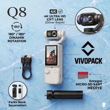 Vivopack Q8 4K Ultra Hd Dual Lens Vlog Kamerası - 180° Dinamik Rotasyonlu Gimbal - Hediye Sd Kart ve Tripod Setli