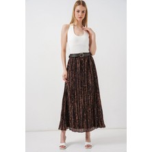 Trend Cojans Kemerli Desenli Etek 8074 - Kahverengi