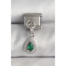 Uravas Store 316L Çelik Gümüş Renk Sallantı Yeşil Zirkon Taşlı Damla Model Nomination Charm