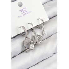Uravas Store Pirinç Zirkon Taşlı 3'lü Yunus Balığı ve Istiridye Model Gümüş Renk Kadın Küpe