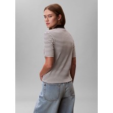 Calvin Klein Jeans Siyah - Beyaz Kadın Standart Çizgili Polo T-Shirt Ss Monologo Baby Rıb Polo Strıpe