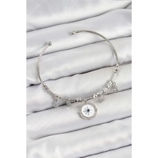 Uravas Store Pirinç Zirkon Taşlı Pusula Model Gümüş Renk Charm Bileklik