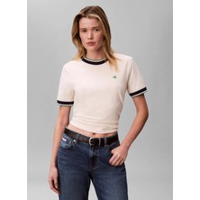 Calvin Klein Jeans Bej Kadın T-Shirt Ss Ctn Monogram Strıpe Trım Tee