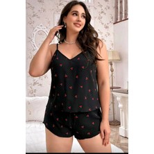 Aura Dantel Lucygirls Sırt Dantelli Büyük Beden Kiraz Desenli Pijama Takım