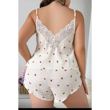 Aura Dantel Lucygirls Sırt Dantelli Büyük Beden Kiraz Desenli Pijama Takım
