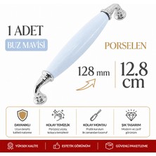 Badem10 Helen Mavi Porselen Krom Kulp 128 mm 12.8 cm Mobilya Çekmece Dolabı Dolap Kapak Kulplar Kulb Kulpu
