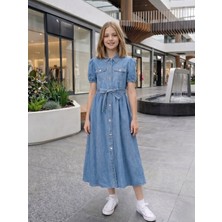 Hc Kids Wear 11–16 Yaş Kız Çocuk Kot Elbise Kuşaklı Düğmeli Bayramlık Elbise