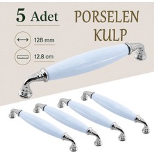 Badem10 (5 Adet) Helen Mavi Porselen Krom Kulp 128 mm 12.8 cm Mobilya Çekmece Dolabı Dolap Kapak Kulb Kulpu