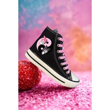Ymn Ayakkabı Kuromi ve My Melody Baskılı Pembe Bağcıklı Siyah Bilekli Spor Ayakkabı Çocuk Sneaker