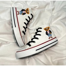 Ymn Ayakkabı Teddy Bear Ayıcık Baskılı, Siyah Bağcıklı, Beyaz Bilekli Spor Ayakkabı Çocuk Sneaker