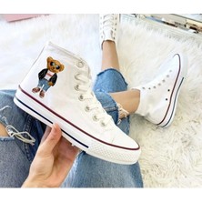 Ymn Ayakkabı Teddy Bear Ayıcık Baskılı Beyaz Bilekli Spor Ayakkabı Çocuk Sneaker