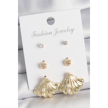 Uravas Store Pirinç Gold Renk Zirkon Taşlı Inci Detaylı Deniz Kabuğu Model 3 Çift Kadın Küpe Seti