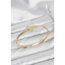 Uravas Store Pirinç Gold Renk Zirkon Taşlı Yonca Model Kadın Kelepçe Bileklik