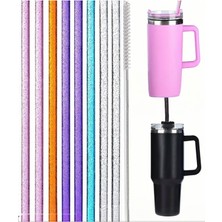 Derinify Renkli Simli Tasarım Stanley Quencher Uyumlu Pipet Seti - 4'lü Paket 30CM Uzunluk - Tritan Malzeme Pipet ve Hediye Temizleme Fırçası