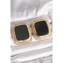 Uravas Store Pirinç Gold Renk Siyah Mineli Kare Model Kadın Küpe