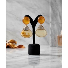 Gmn Collection Turuncu Krem ve Sarı Mermer Desenli Gold Çerçeveli Geometrik Vintage Küpe