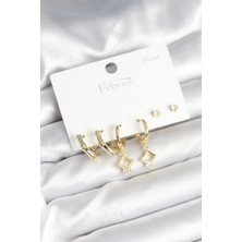 Uravas Store Pirinç Gold Renk 925 Ayar Gümüş Çivili Kadın Küpe Seti