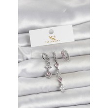 Uravas Store Pirinç Gümüş Renk Pembe Zirkon Taşlı 3'lü Kadın Küpe