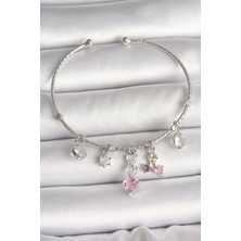 Uravas Store Pirinç Gümüş Renk Sallantı Zirkon Taşlı Kalp Figür Charm Kadın Bileklik