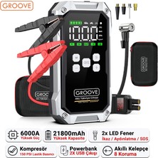 Groove F04 21800MAH 6000A Akü Takviye Cihazı+Lastik Şişirme Pompası Kompresörlü Jump Starter (Çanta+Powerbank+Led Lamba+Lcd Ekran)