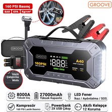 Groove A40 27000MAH 8000A Akü Takviye Cihazı+Lastik Şişirme Pompası Kompresörlü Jump Starter (Çanta+Powerbank+Led Lamba+Lcd Ekran)