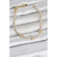 Uravas Store Pirinç Gold Renk Minimal Yıldız Model Zirkon Taşlı Su Yolu Kadın Bileklik