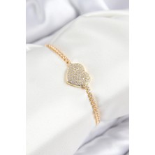 Uravas Store Pirinç Zirkon Taşlı Kalp Model Gold Renk Asansörlü Kadın Bileklik