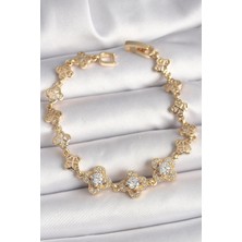 Uravas Store Pirinç Gold Renk Zirkon Taşlı Yonca Model Kadın Bileklik