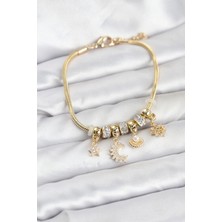Uravas Store Pirinç Gold Renk Ay Charm Model Charmlı Kadın Bileklik
