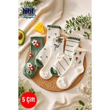 Hitit Socks Kadın 5 Çift Premium Kabartma Desenli Çiçek ve Çizgi Desenli Uzun Soket Çorap Yeşil