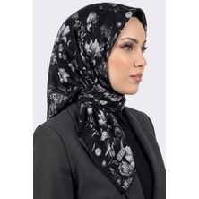 Hadiora Zer Kadın Siyah Gri Çiçek Desenli Organik Pamuk Soft Eşarp