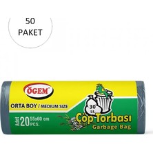 Ögem Orta Boy Çöp Torbası 55 x 60 cm 20 Li Rulo x 50 Paket = 1000 Adet (Mavi)