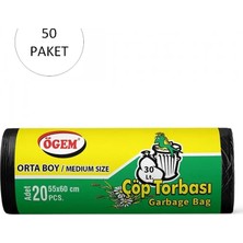 Ögem Orta Boy Çöp Torbası 55 x 60 cm 20 Li Rulo x 50 Paket = 1.000 Adet (Siyah)