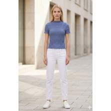 Lupinn Kadın Mavi Büzgülü Dokulu Bluz Slim Fit Kısa Kol Yüksek Yaka Esnek Modern Şık Üst Bluz