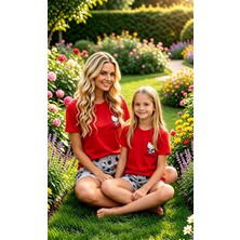 NiCe İç Giyim Hello Kitty Lisanslı Anne & Kız Kombin Pijama Takım Kırımızı & Gri Renk Şortlu Bisiklet Yaka %100 Pamuk Penye ( Ayrı Satılır)