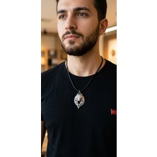 Vintage Takı Antik Gümüş Kaplama Mitolojik Kurt Başı Figürlü Siyah Derili Unisex Kolye