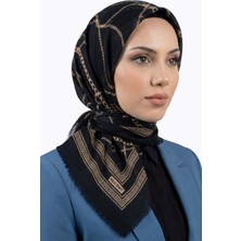 Hadiora Kadın Siyah Taba Geometrik Desenli Pamuklu Flamlı Eşarp