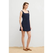 Love My Body Moda Tutkusu Kolsuz Yuvarlak Yaka Mini Elbise Lacivert 124M2341000