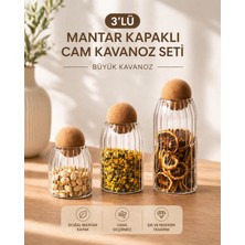 3'lü Mantar Kapaklı Cam Kavanoz ve Baharatlık Seti Büyük Kavanoz